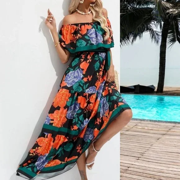 Multicolor Boho Womens Floral Print Off Shoulder Belted A-line Dress - Picture 5 of 5